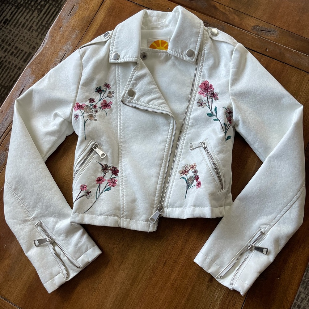Faux leather floral embroidered jacket